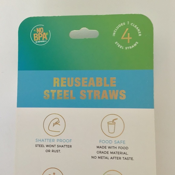 NWT STEEL REUSABLE STRAWS SET OF FOUR WITH BRUSH - Picture 5 of 9